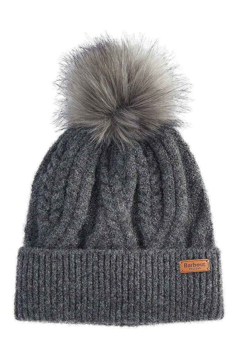 Elsdon Faux Fur Pompom Cable Stitch Beanie, Main, color, GREY