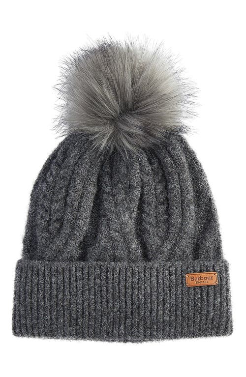 Barbour Elsdon Faux Fur Pompom Cable Stitch Beanie In Gray