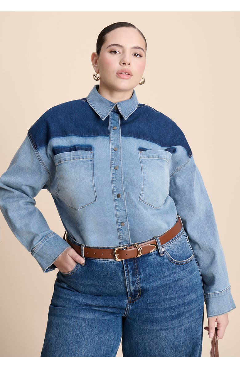 ELOQUII Denim Trucker Shirt, Alternate, color, Indigo With Light Wash