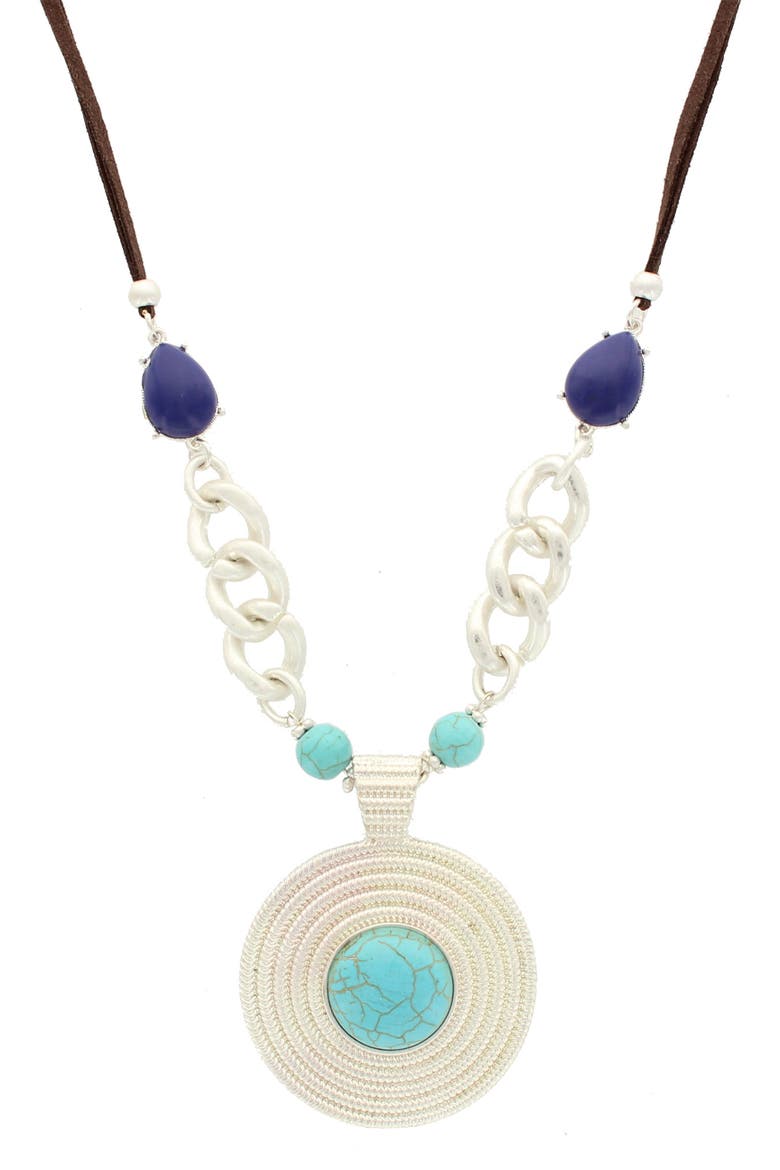Detailed Bead Statement Pendant Faux Leather Necklace, Main, color, SILVER / BLUE