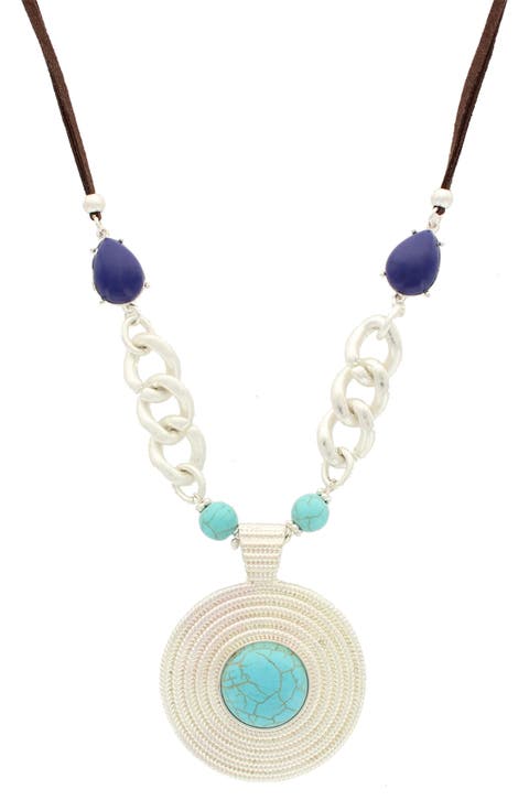 Detailed Bead Statement Pendant Faux Leather Necklace