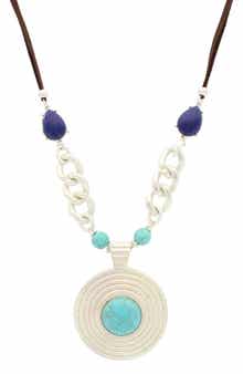 Detailed Bead Statement Pendant Faux Leather Necklace