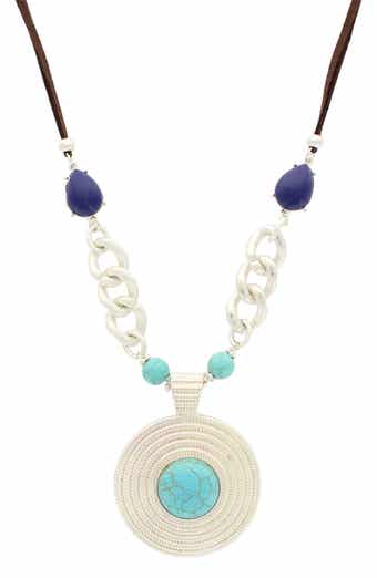 Detailed Bead Statement Pendant Faux Leather Necklace