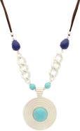 OLIVIA WELLES Detailed Bead Statement Pendant Faux Leather Necklace