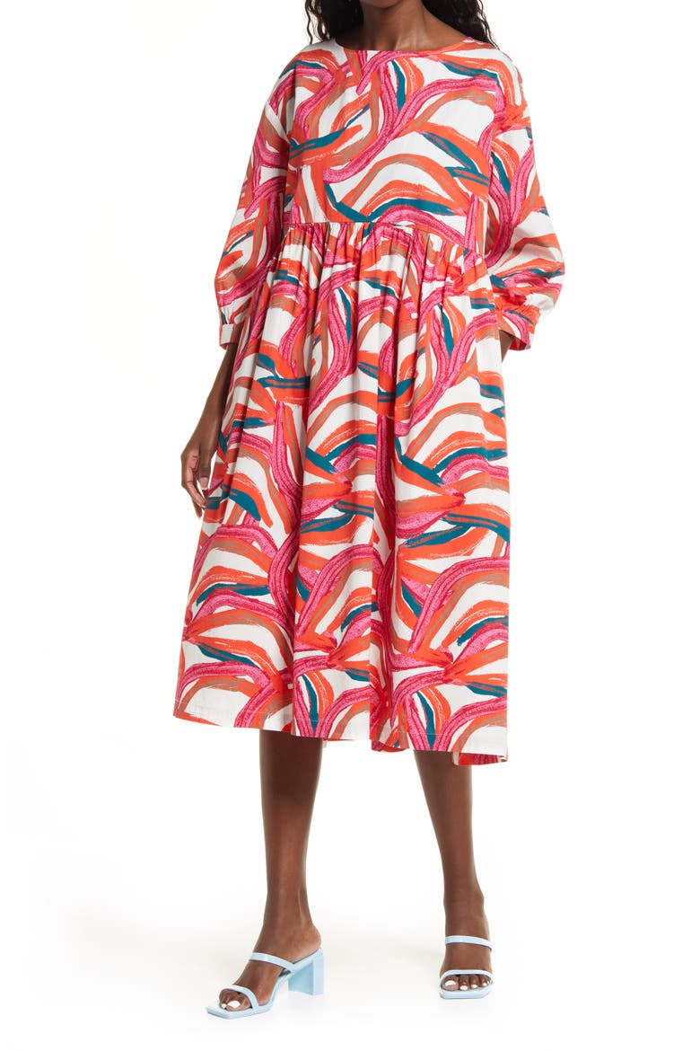 Cristina Martinez Rainbow Print Long Sleeve Cotton Dress, Main, color, IVORY RAINBOW MIX