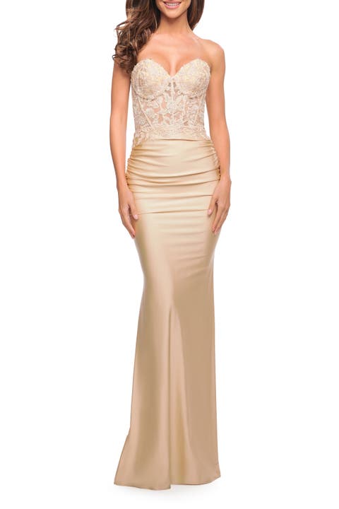 Stunning Strapless Jeweled Lace and Jersey Dress