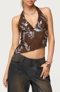 EDIKTED Sequin Floral Asymmetric Mesh Halter Top