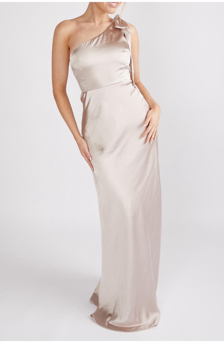 Six Stories Bow One Shoulder Satin Bridesmaid Dress, Alternate, color, Oyster