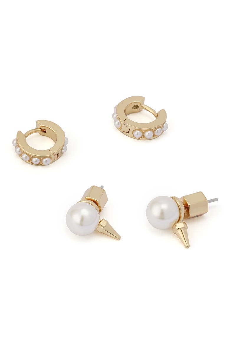 Set of 2 Faux Pearl Stud & Huggie Hoop Earrings, Alternate, color, GOLD/ PEARL