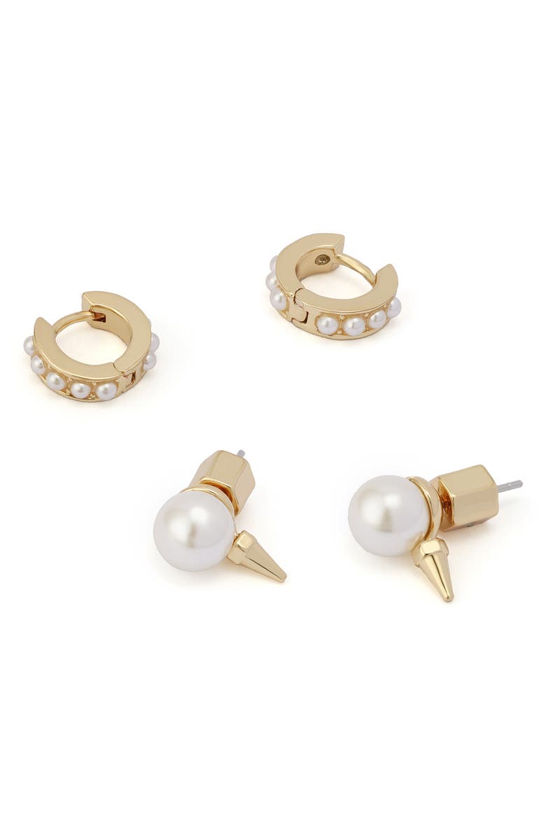 AllSaints Set of 2 Faux Pearl Stud & Huggie Hoop Earrings, Alternate, color, Gold/ Pearl