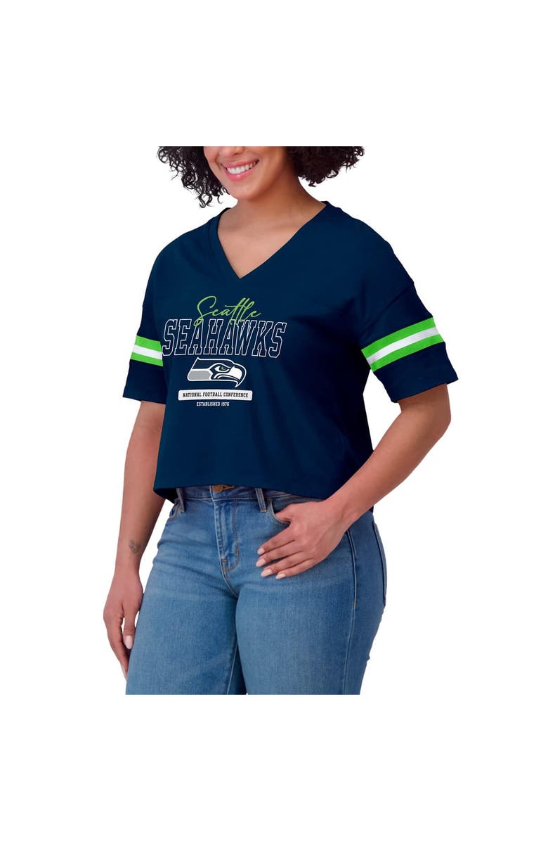 WEAR by Erin Andrews Women's WEAR by Erin Andrews Navy Seattle Seahawks Color Block Boxy Modest Crop V-Neck T-Shirt, Alternate, color, 