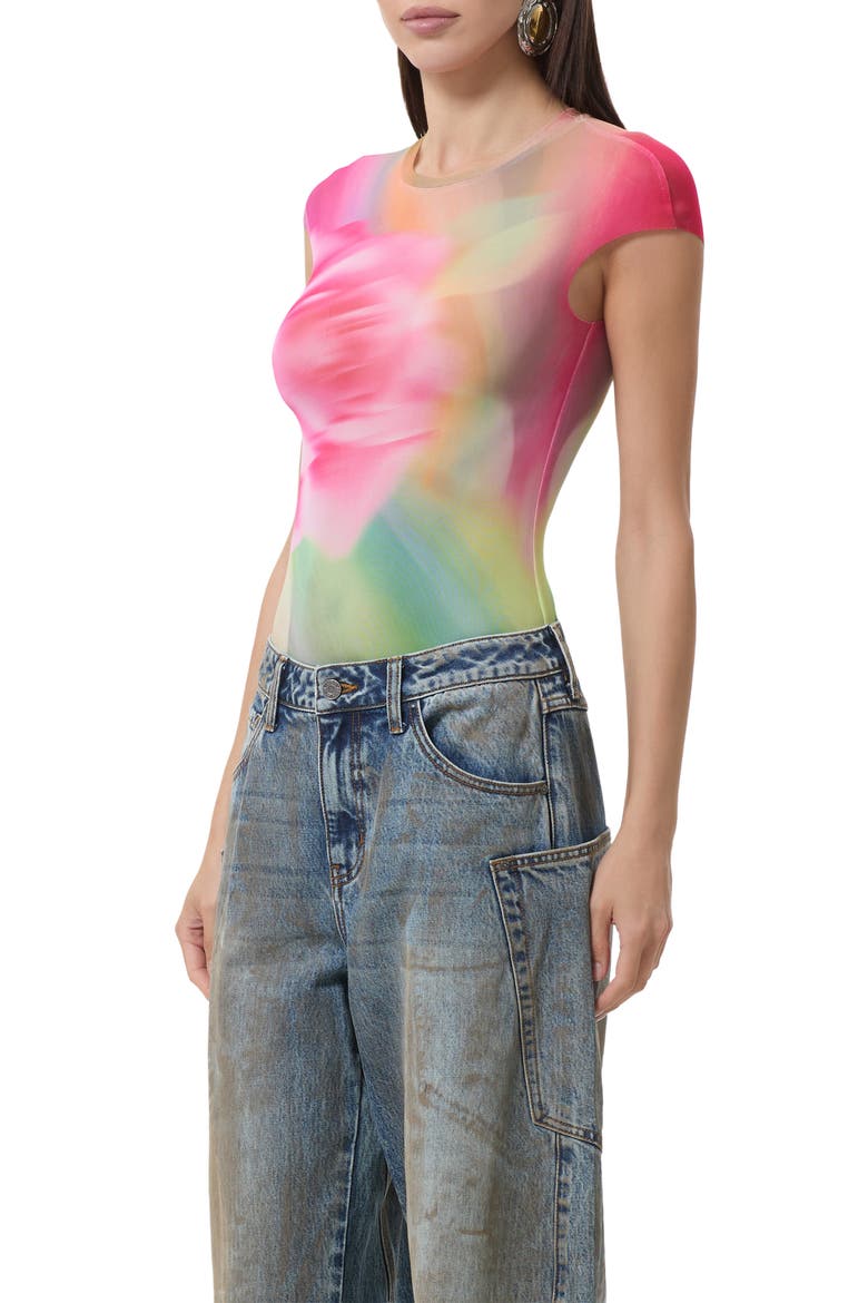 Nina Print Cap Sleeve Mesh Top, Alternate, color, GREEN ROSE