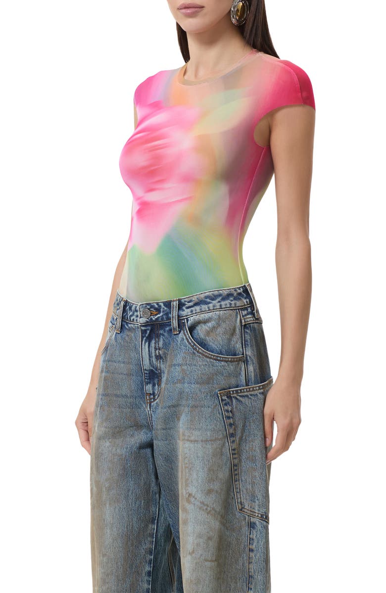 AFRM Nina Print Cap Sleeve Mesh Top, Alternate, color, Green Rose