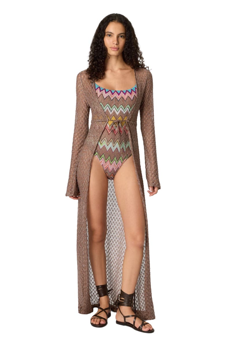 Missoni Long Cardigan In Lamé Viscose With Spiderweb Motif, Main, color, Brown