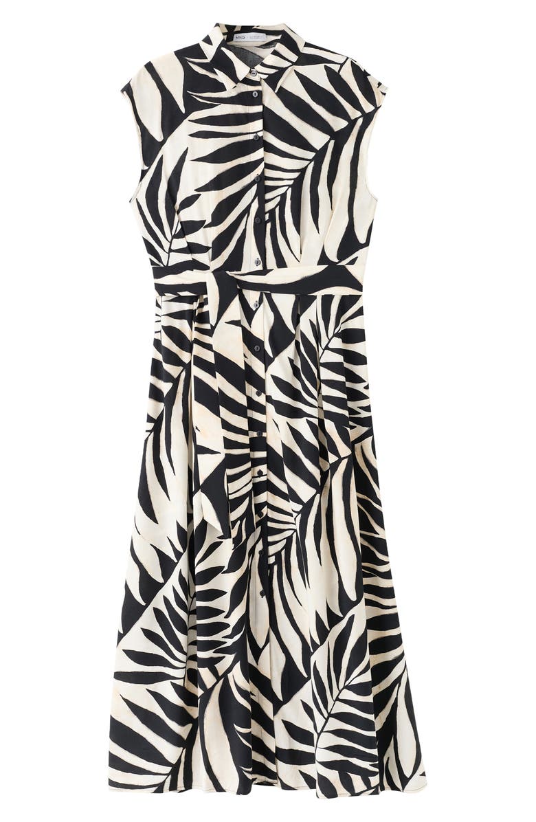 MANGO Leaf Print Midi Shirtdress, Alternate, color, Black