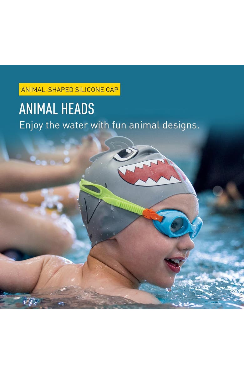FINIS Animal Heads Silicone Swim Cap for Kids Fun 3D Animal Designs Snug Fit Chlorine Protection, Alternate, color, Shark