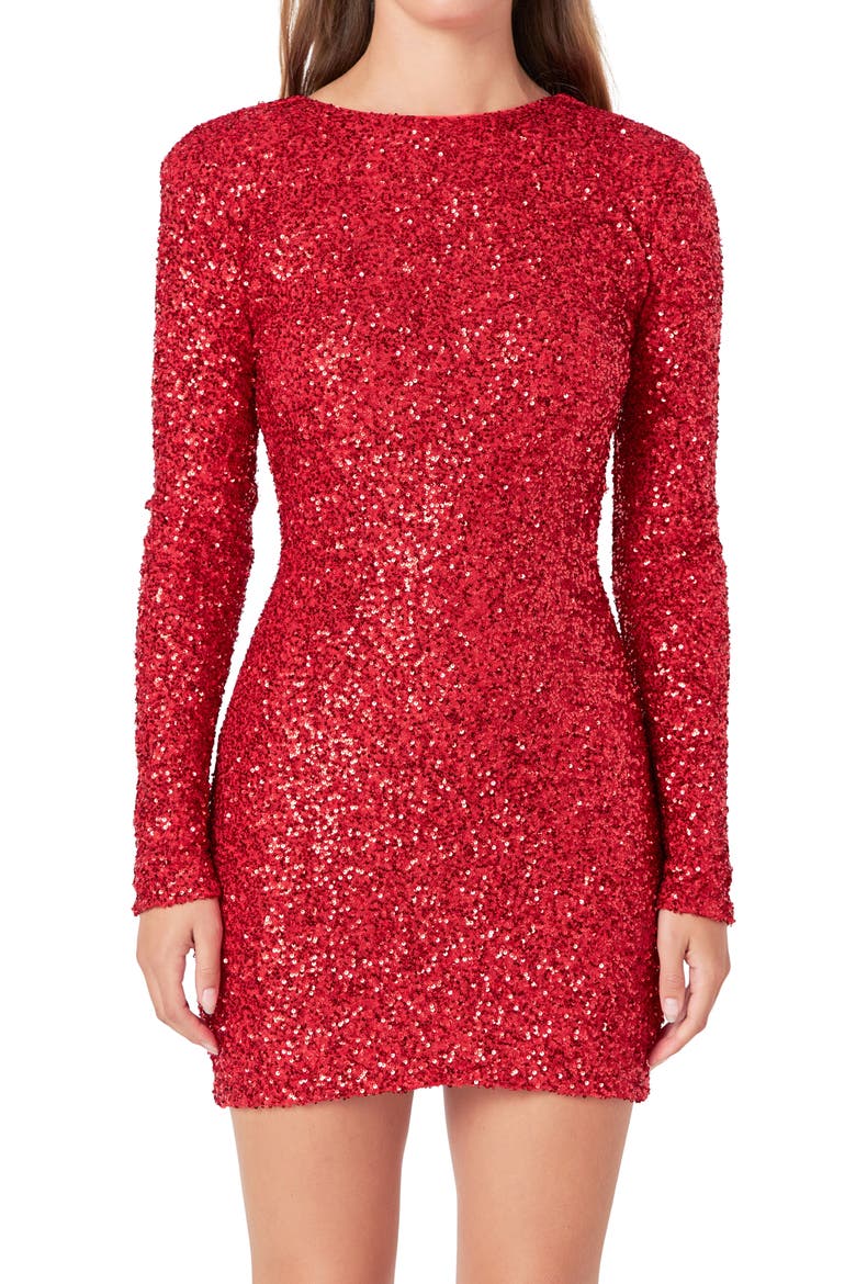 Sequin Padded Shoulder Long Sleeve Minidress, Alternate, color, RED