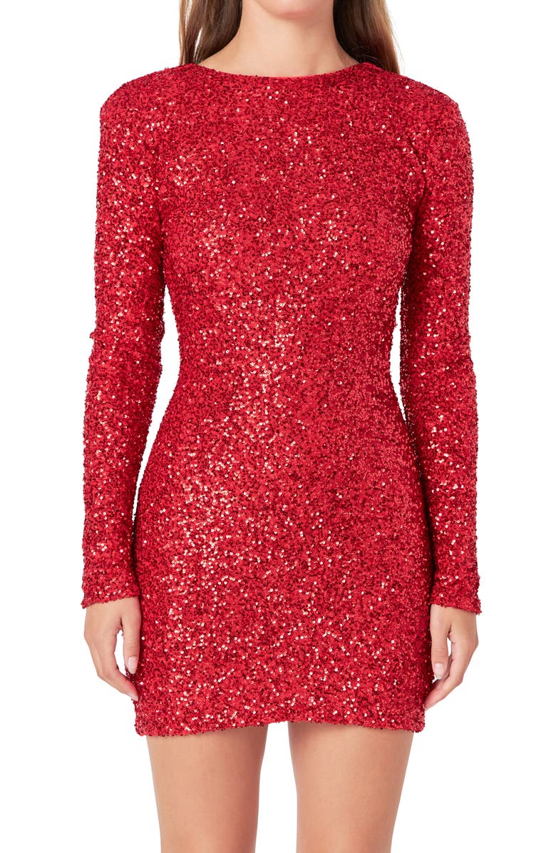 Endless Rose Sequin Padded Shoulder Long Sleeve Minidress, Alternate, color, Red