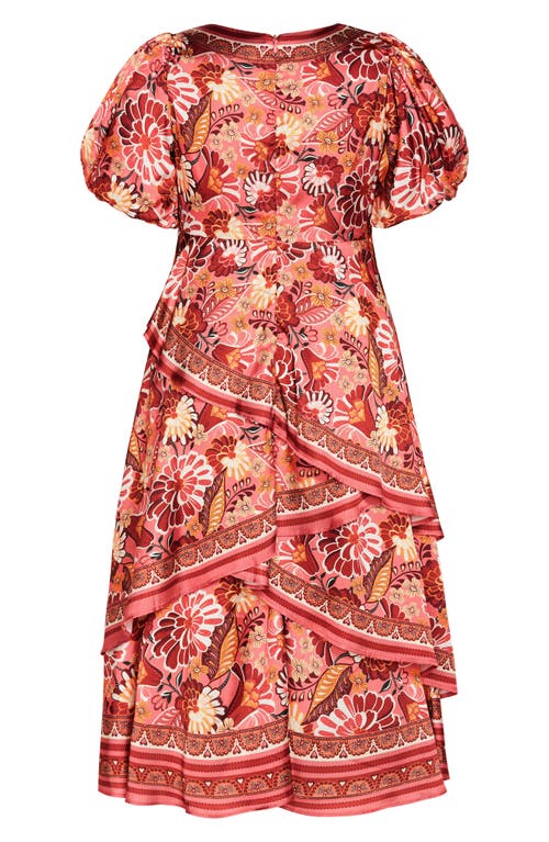 City Chic Thea Floral Tiered Puff Sleeve Midi Dress In Brown