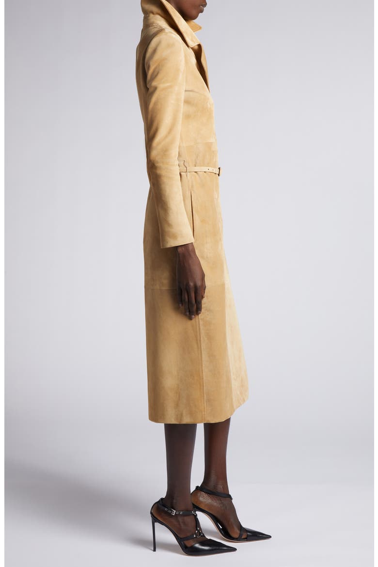 Double Breasted Lambskin Suede Trench Coat, Alternate, color, WARM SAND