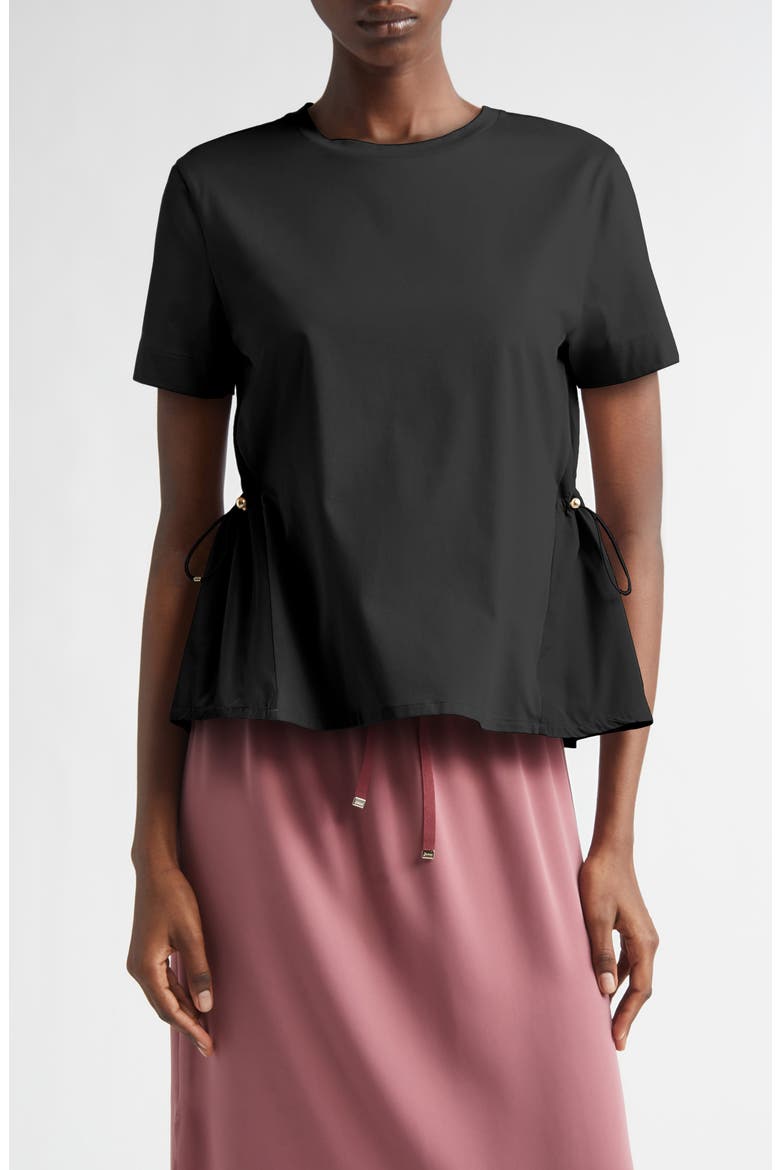 Drawcord Detail Taffeta Panel Cotton T-Shirt, Main, color, BLACK