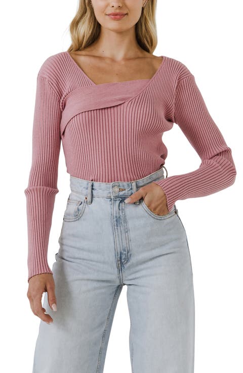 Asymmetric Neck Rib Sweater