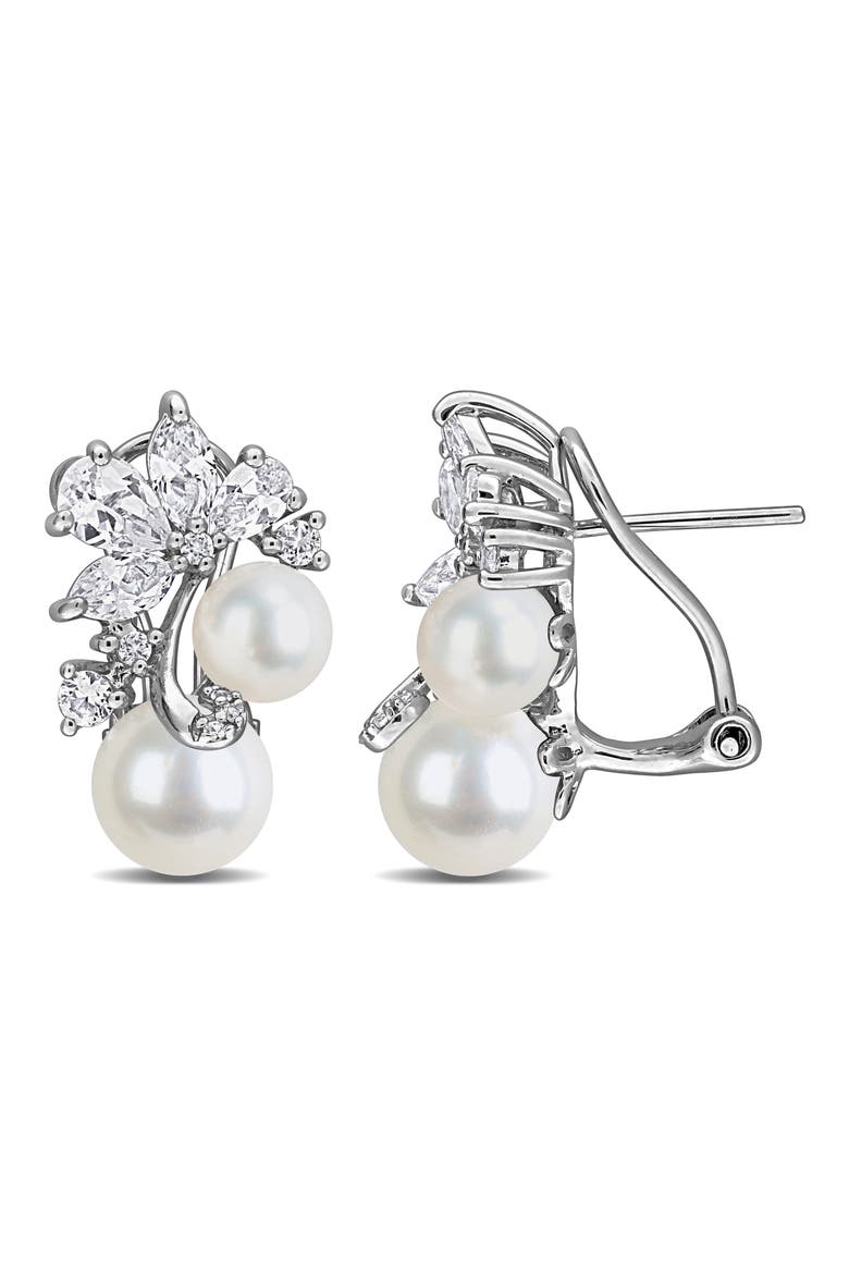 6-8.5mm Cultured Freshwater Pearl Cluster Stud Earrings, Main, color, METALLIC SILVER