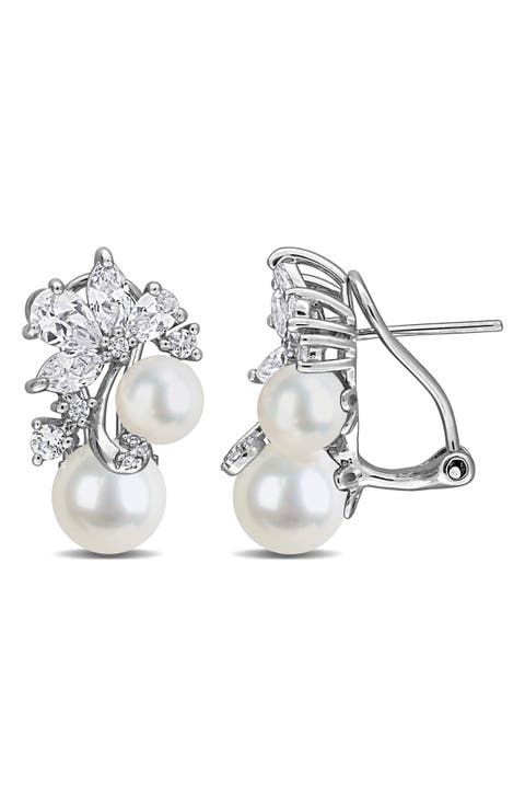 6-8.5mm Cultured Freshwater Pearl Cluster Stud Earrings