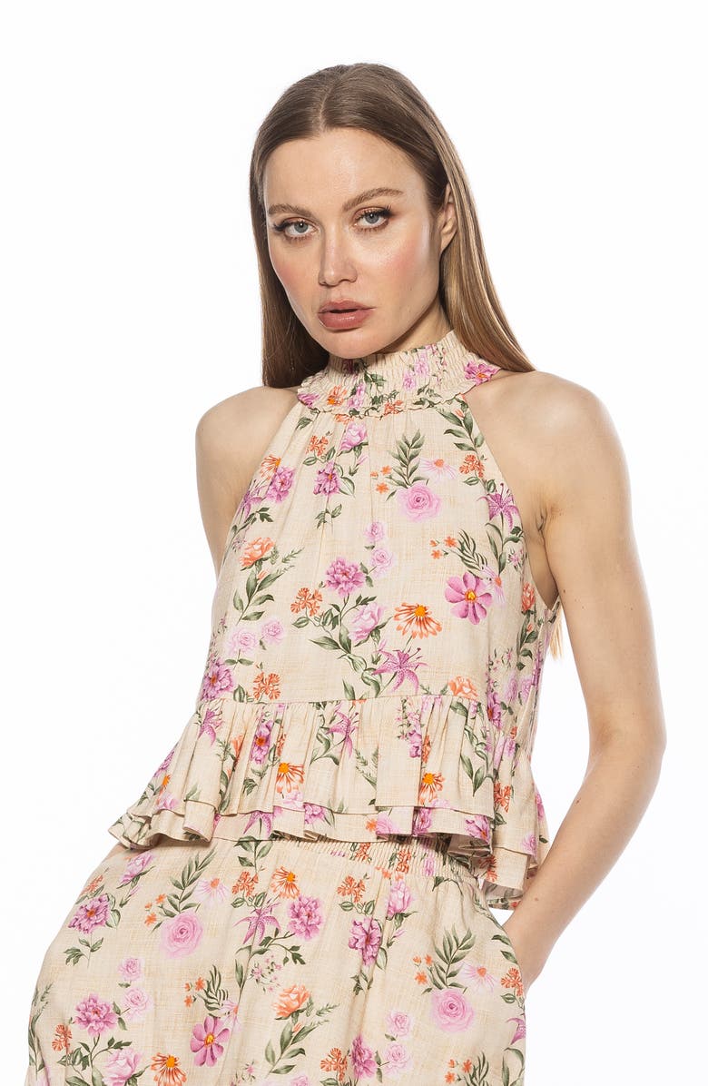 Alexia Admor Roth Smocked Ruffle Halter Top, Alternate, color, Pink Floral