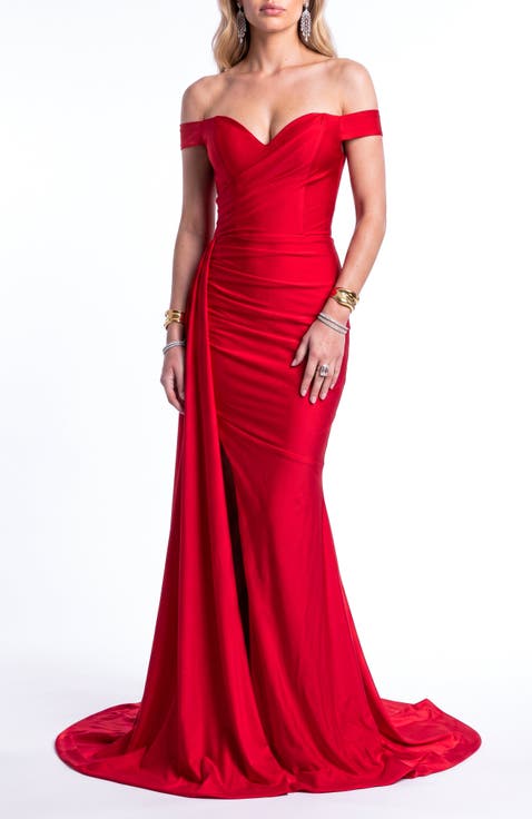 Off Shoulder Draped Side Slit Evening Gown