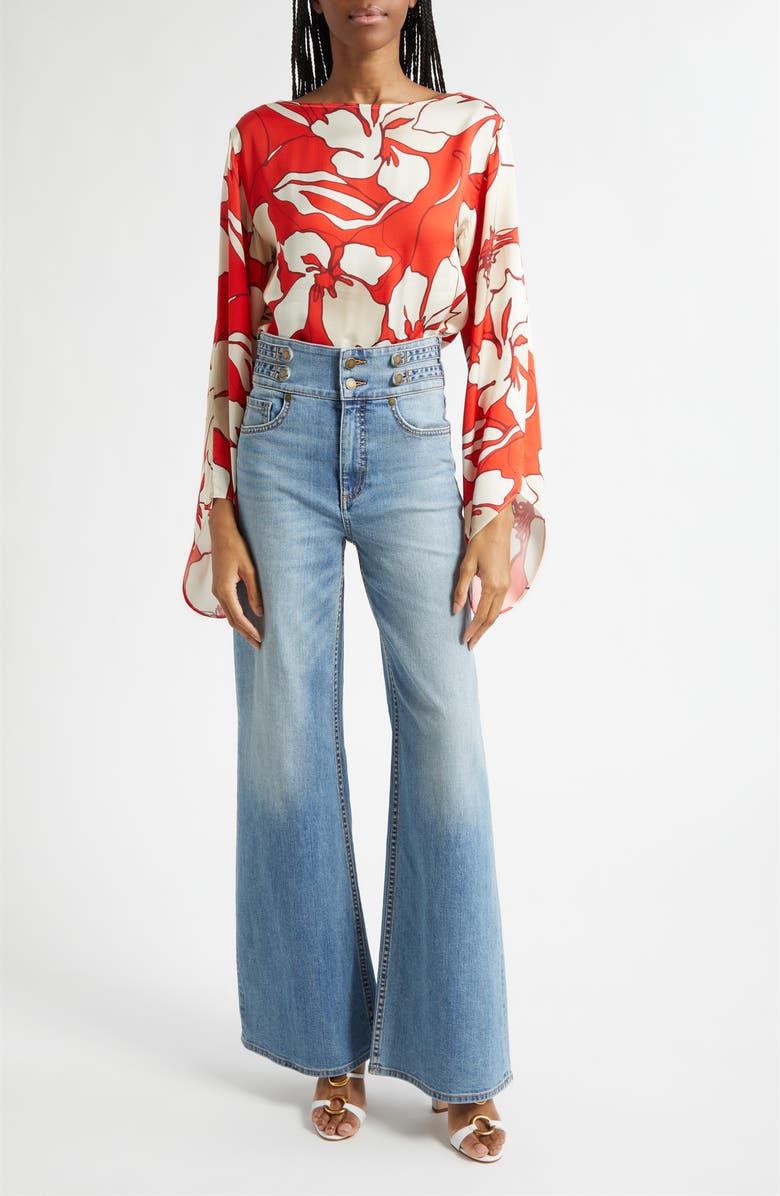 Ramy Brook Amanda Floral Flare Cuff Top, Alternate, color, Crimson Floral