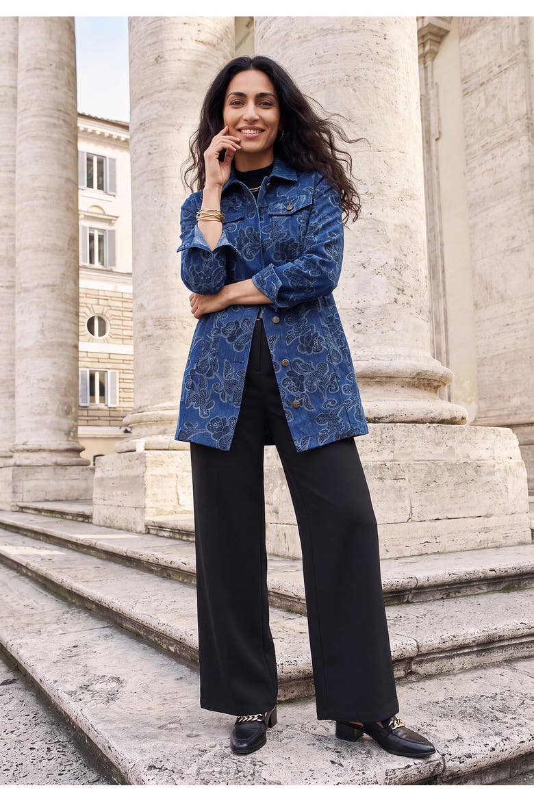 Long Denim Jacket, Alternate, color, BLUE WATERCOLOR PALMS