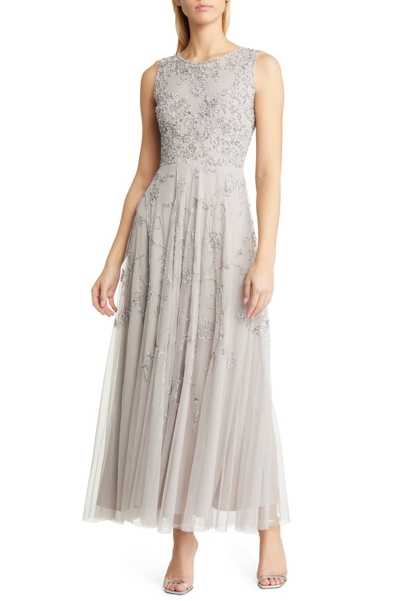 Beaded Mesh Gown with Jacket, Alternate, color, SILVER