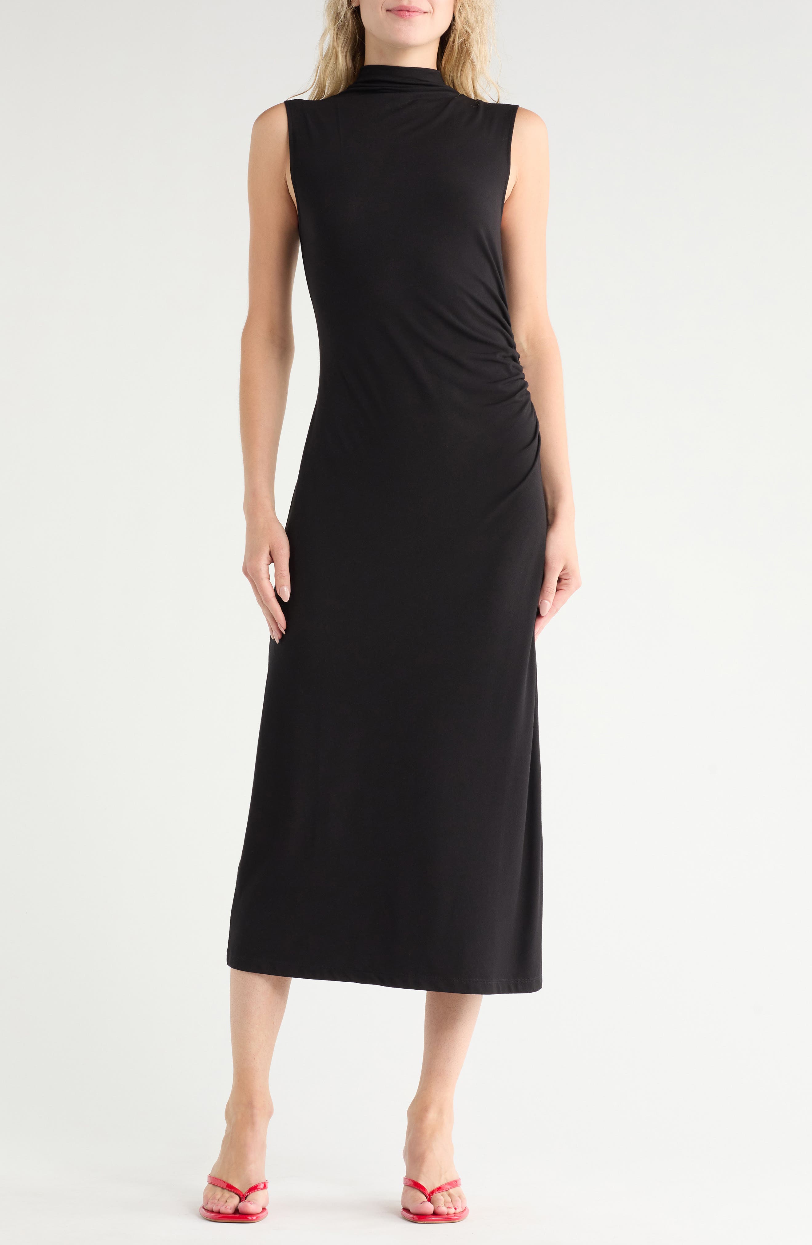Vince Mock Neck Sleeveless Ruched Dress