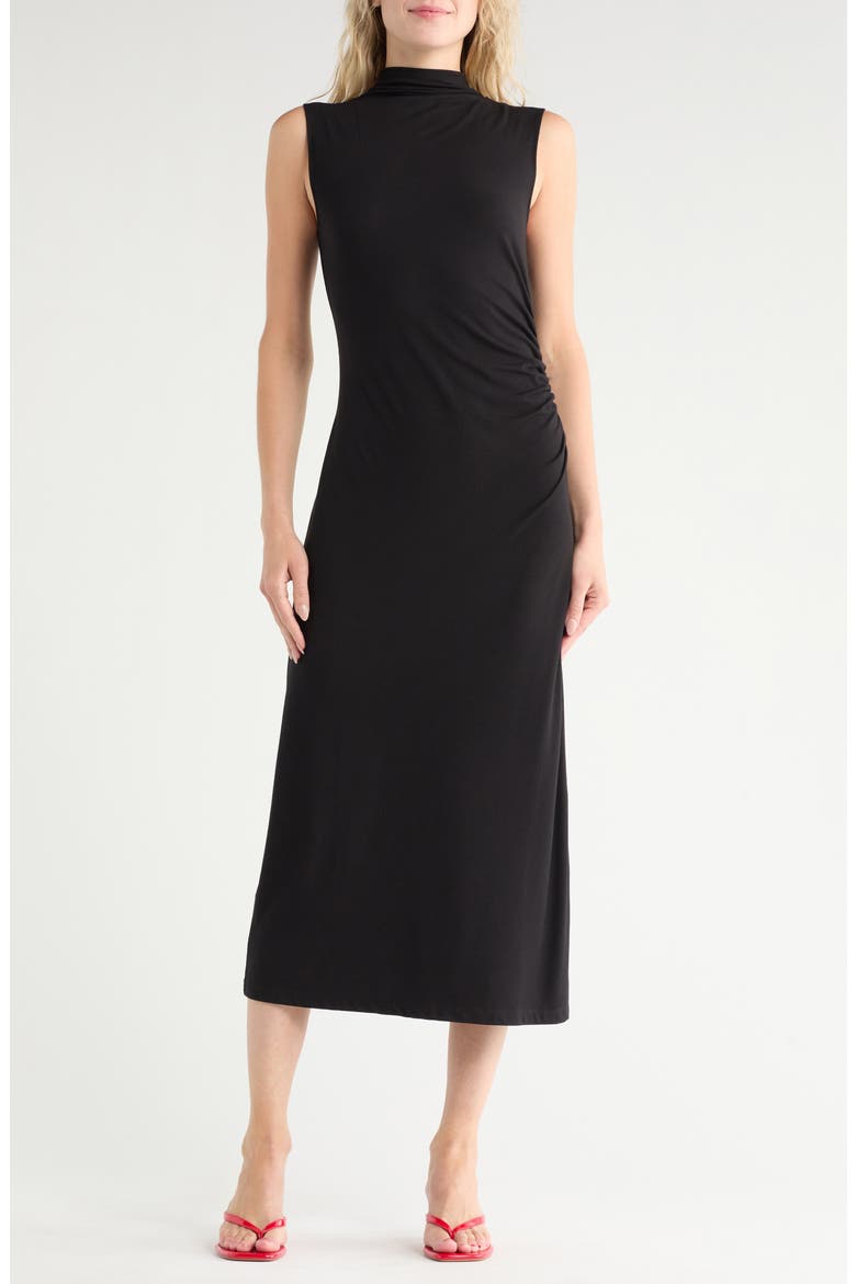 Mock Neck Sleeveless Ruched Dress, Main, color, BLACK
