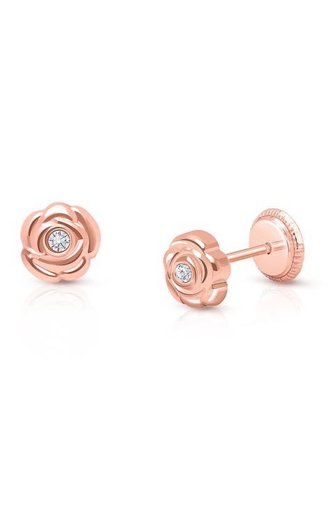 14K Gold Blushing Rose Studs Screw Back Earrings