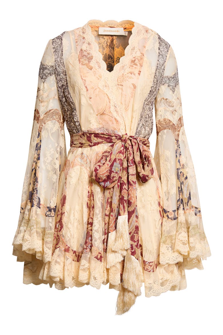 Valiant Floral Long Sleeve Silk & Lace Wrap Minidress, Alternate, color, SPLICED FLORAL