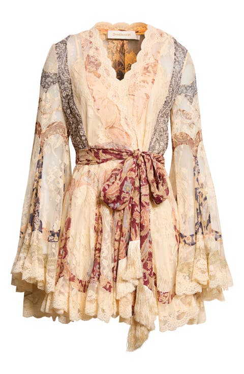 Valiant Floral Long Sleeve Silk & Lace Wrap Minidress