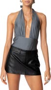 EDIKTED Shiny Plunge Halter Bodysuit