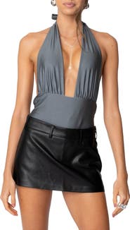 EDIKTED Shiny Plunge Halter Bodysuit
