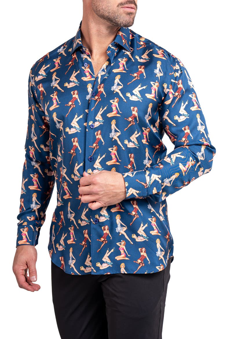 Fibonacci Ascension 0220 Pin-Up Print Contemporary Fit Button-Up Shirt, Alternate, color, BLUE