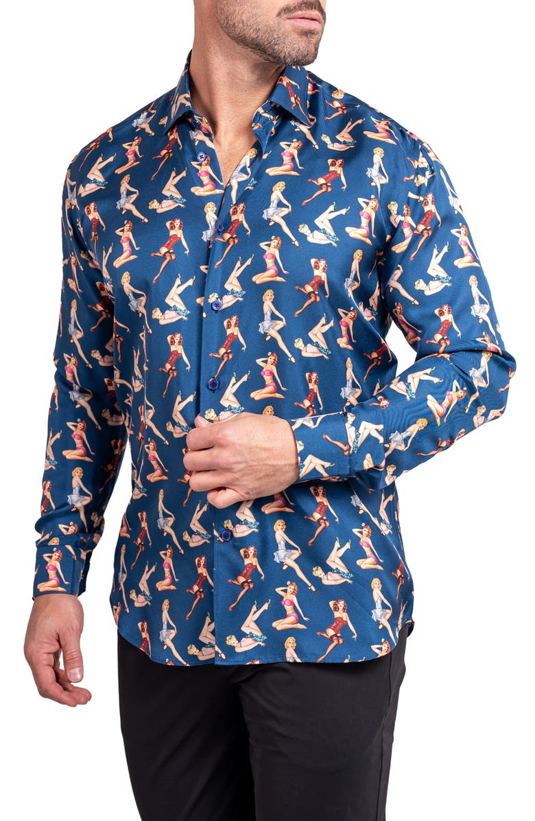 Maceoo Fibonacci Ascension 0220 Pin-Up Print Contemporary Fit Button-Up Shirt, Alternate, color, Blue