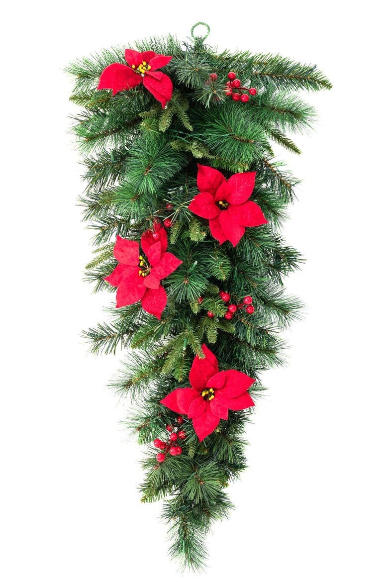 3ft Pre-Lit Poinsettia Christmas Teardrop Wreath with Timer, Alternate, color, Green
