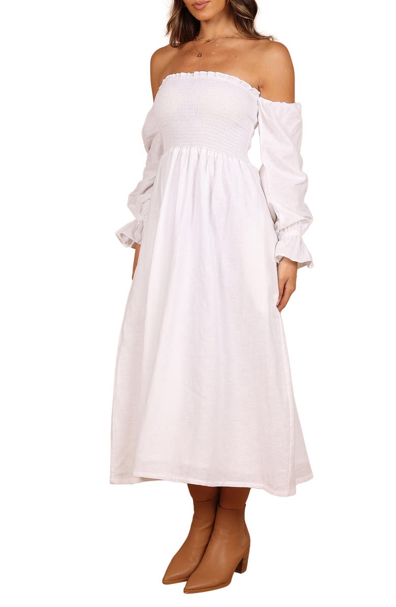 Petal & Pup Domenica Off the Shoulder Linen Blend Midi Dress, Alternate, color, White