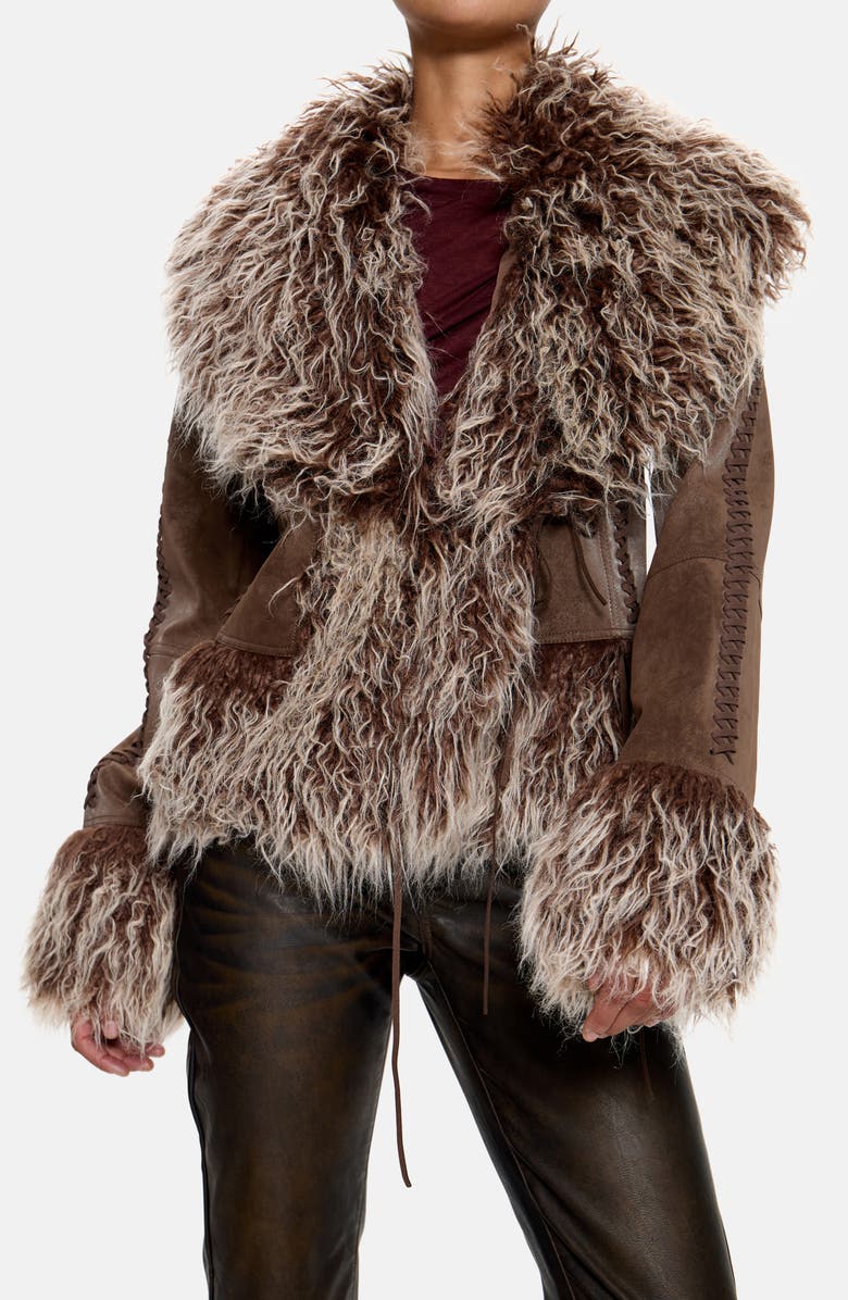 JADED LONDON Faux Fur Trim Faux Suede Jacket, Main, color, Brown