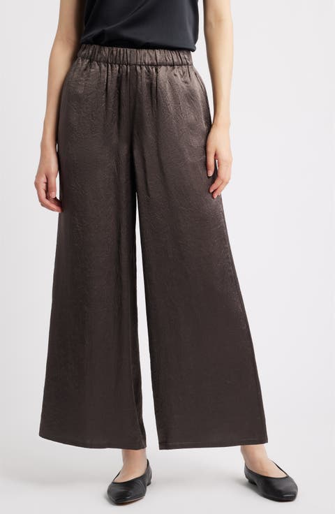 Crinkle Satin Wide Leg Ankle Pants