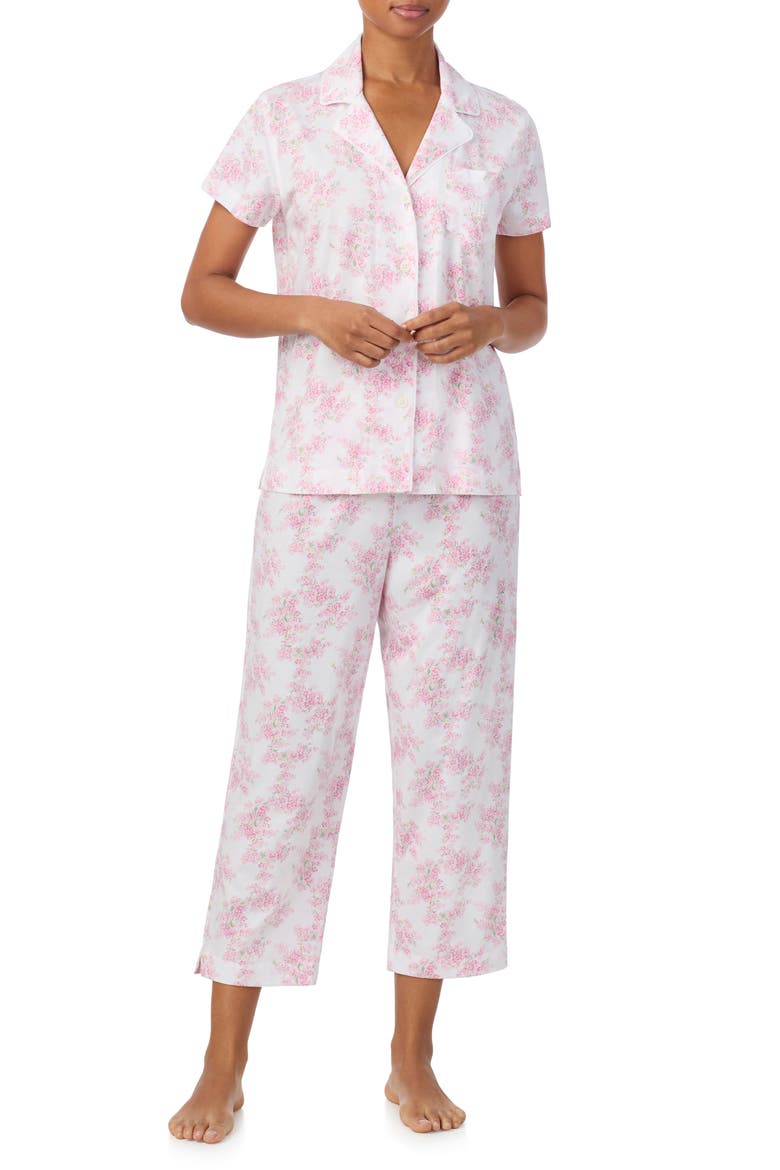 Short Sleeve Cotton Blend Crop Pajamas, Main, color, PINK FLORAL