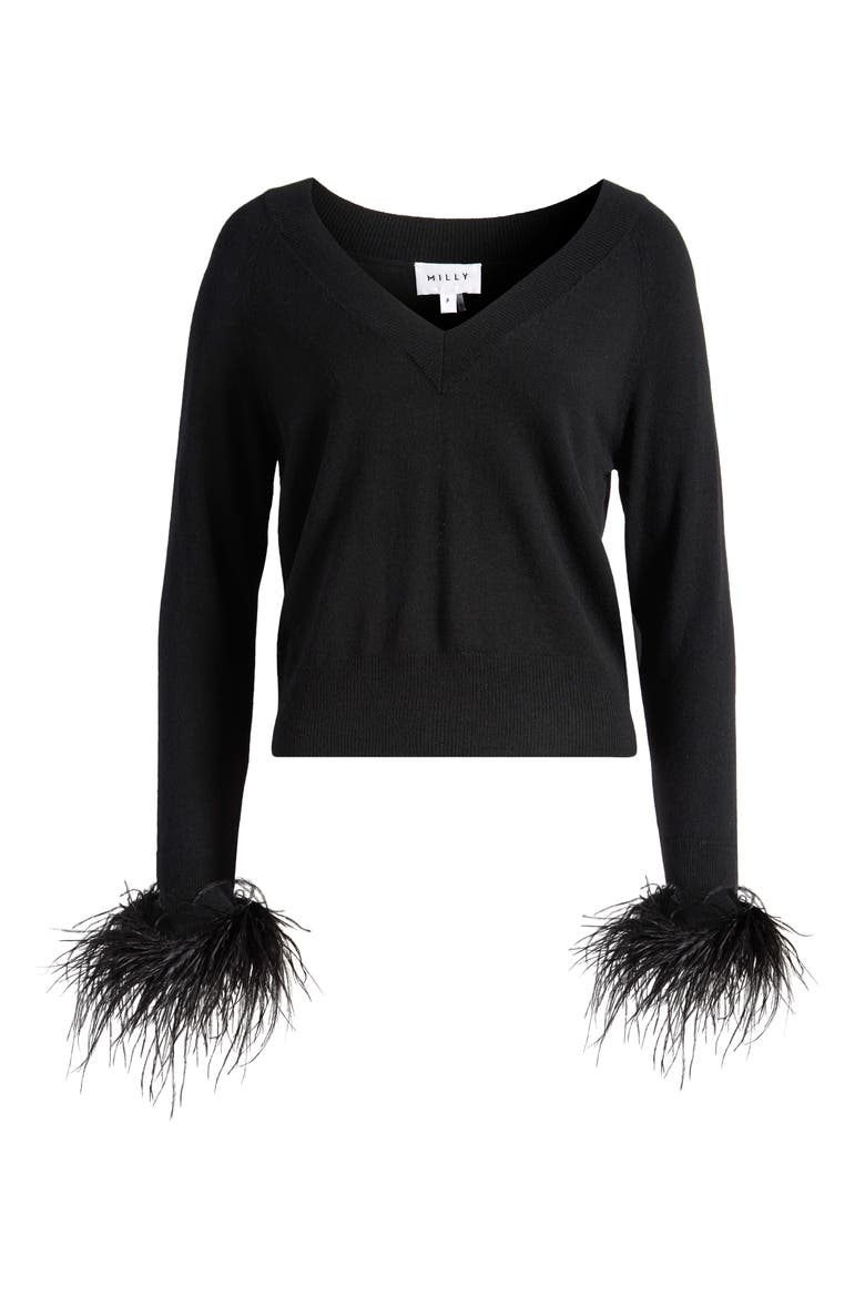 Feather Cuff V-Neck Sweater, Alternate, color, BLACK