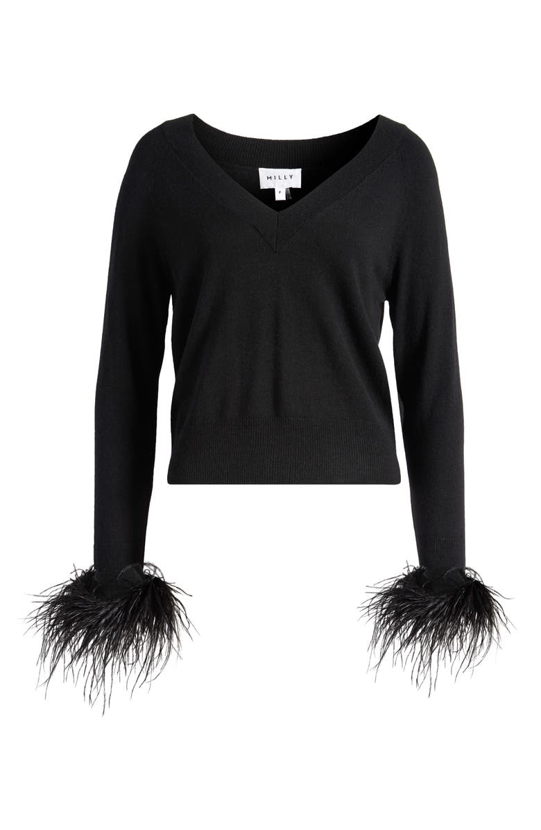 Milly Feather Cuff V-Neck Sweater, Alternate, color, 