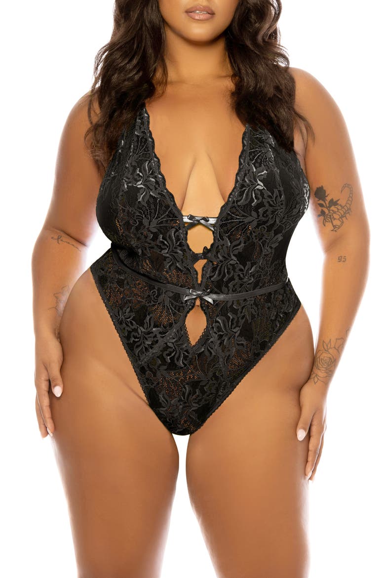 Lauren Backless Lace Teddy, Main, color, BLACK